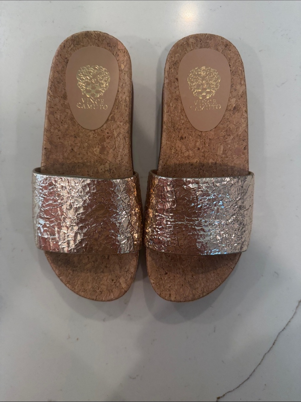 Vince Camuto Textured Metallic Slide Sandals in Gold
